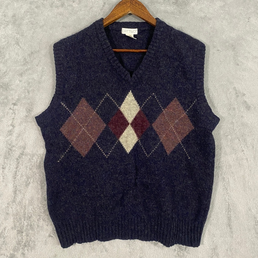 Cattivo Sweater Vest XL Navy Blue Argyle 100% Shetland Wool V-Neck VTG Grandpa